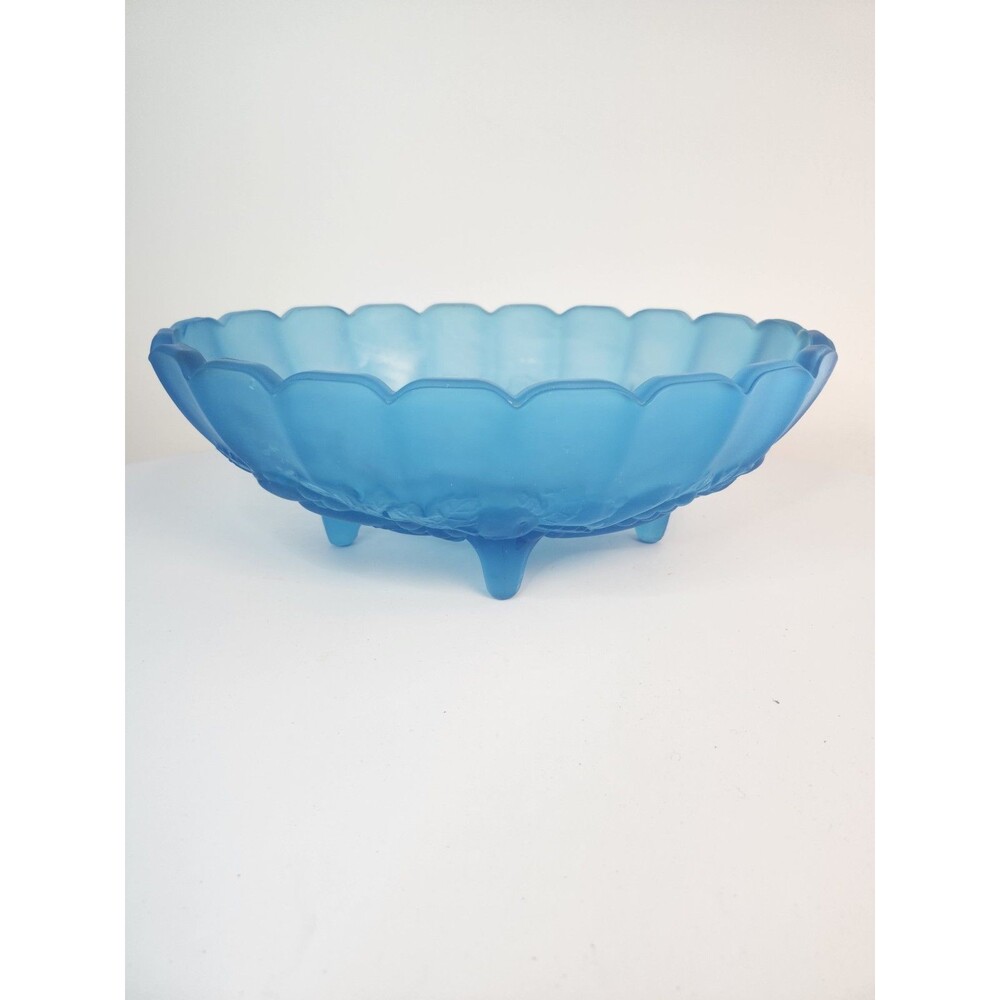 Indiana Harvest Grape Fruit Bowl Footed Blue Satin Glass Embossed Fruit Design